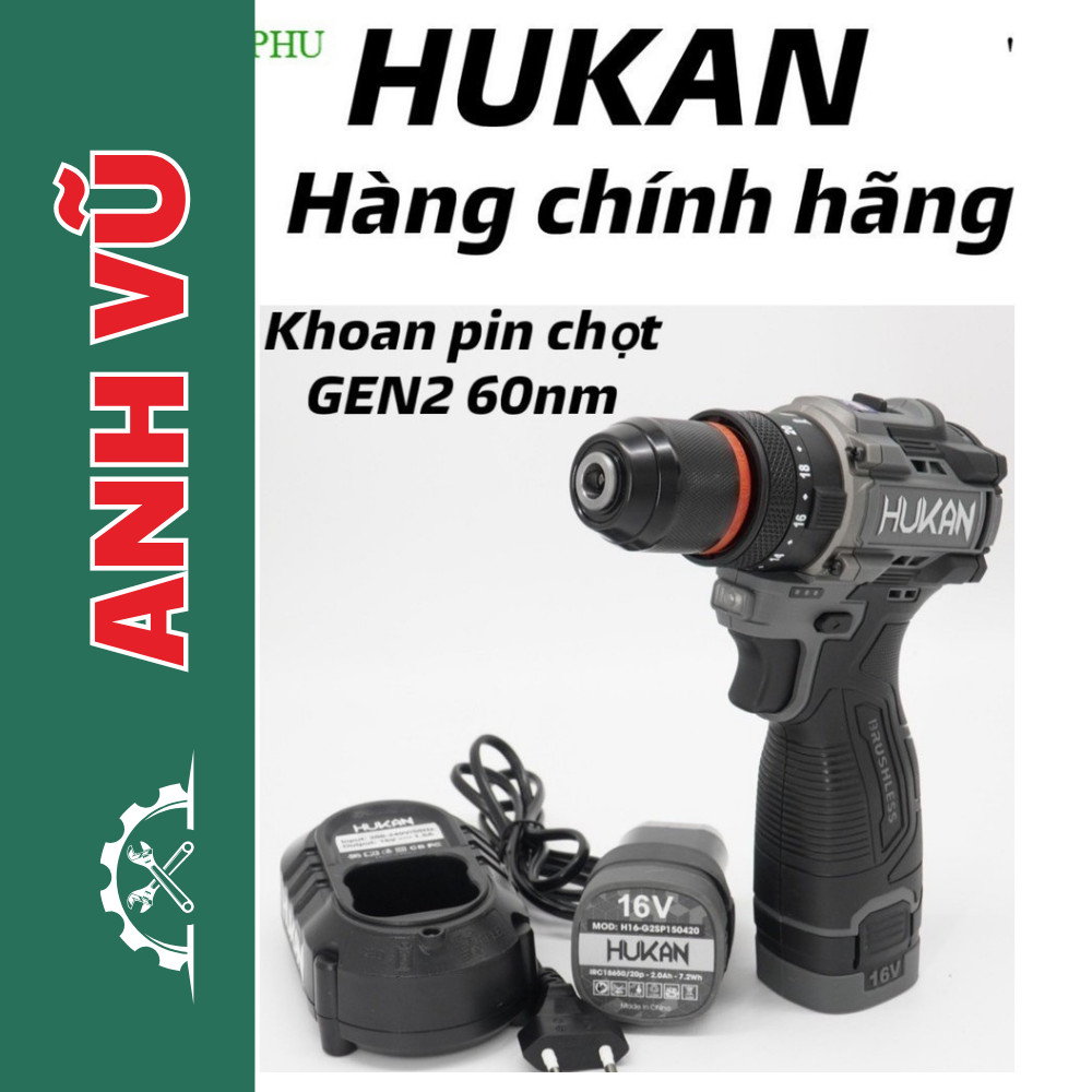 [GEN2] Máy khoan pin Hukan cao cấp H16-G2CD1612/ lực siết 60N/ bộ 2 pin dòng xả 15C kèm 1 sạc 1.5A -