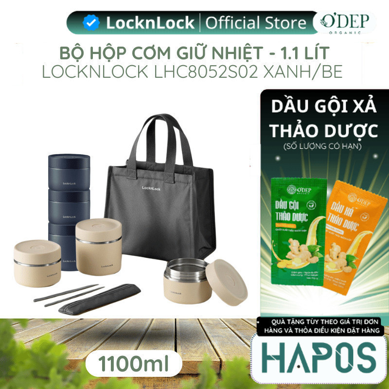 Hộp cơm giữ nhiệt LocknLock 3 ngăn 1.1L Chính hãng, Kèm túi, muỗng đũa, tiện lợi, giữ nhiệt LHC8052S
