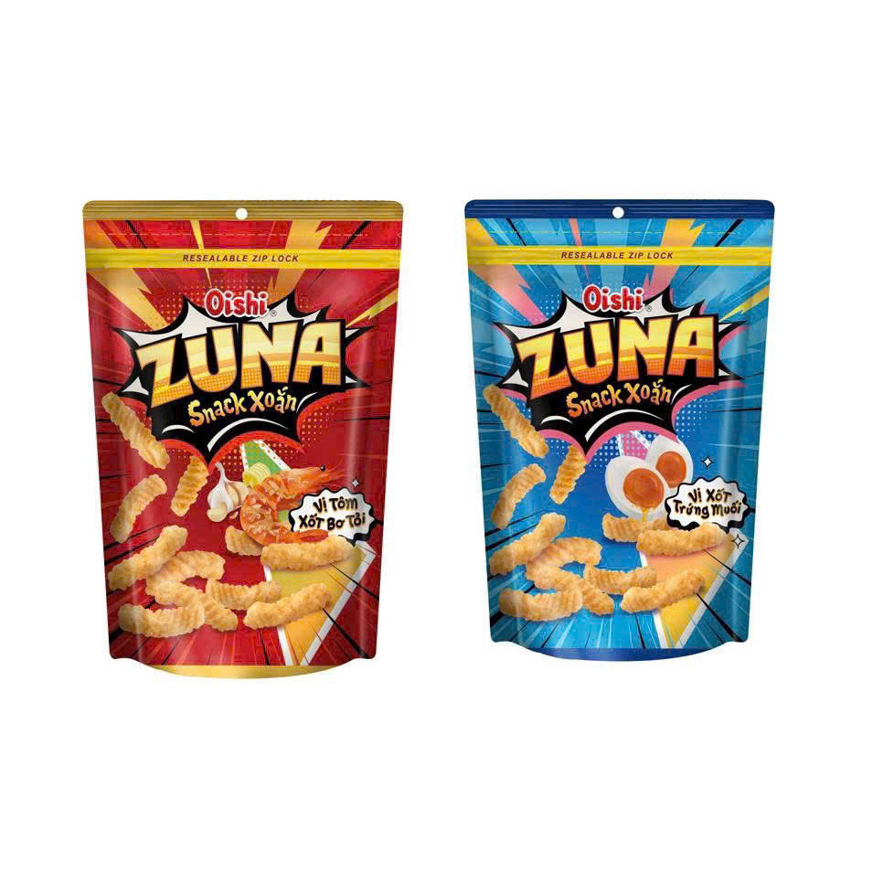 Thùng 20 gói Snack Xoắn ZUNA Oishi 65gr Túi Zip [NEW] - Party Size Với 2 Hương Vị Tôm Xốt Bơ Tỏi - T