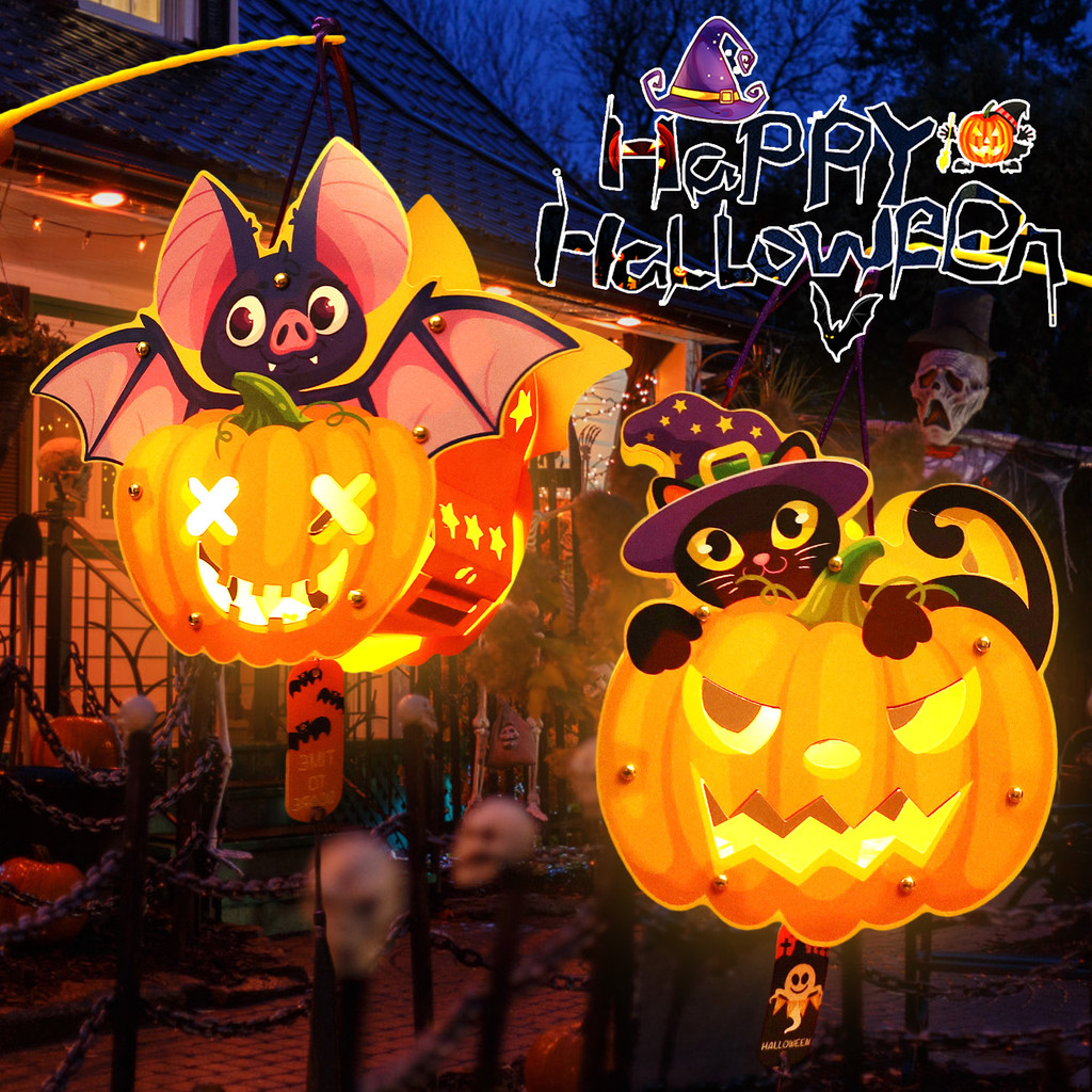 Bộ đèn lồng cầm tay Halloween - Trang trí hình bí ngô DIY - Thủ công bìa cứng an toàn có đèn LED phá