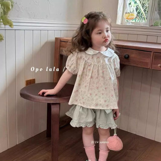 Hàng có sẵn Mùa hè Phong cách mới Áo sơ mi ngắn tay hoa ngọt ngào Phiên bản Hàn Quốc Cổ búp bê thời trang cho bé gái Áo sơ mi bé gái tay ngắn Quần áo bé gái Áo mùa hè