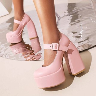 34-44 Kích Thước Dây Đeo Đế Dày Mary Jane Giày Da Nhỏ Mũi Tròn Dày Gót Cao Gót Giày Nữ