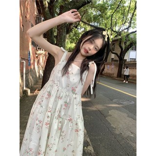 Trang Phục Nữ Áo Hai Dây NHẸ NHÀNG NGỌT NGÀO Hoa Nhỏ Mùa Hè Giảm Tuổi Váy Hai Dây Váy Liền Thắt Dây Dễ Thương