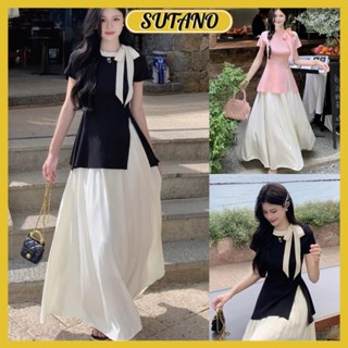  Set áo tăm nữ tiểu thư xẻ tà nơ lệch mix chân váy voan tơ dáng dài phong cách hàn quốc B184 SUTANO 