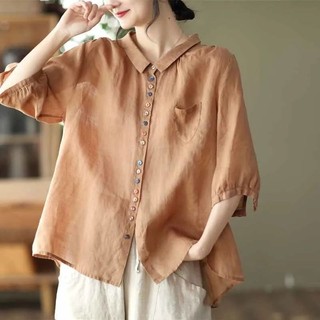 Xuwenjian Khuyến Mãi Sản Phẩm Mới Xuất Khẩu Thông Quan Quần Áo Nữ Cao Cấp Ngoại Thương Vải Lanh Cotton Ba Phần Tư Tay Áo Sơ Mi Rời Mỏng Hơn Nhìn Màu Trơn Phù Hợp Với Vải Lanh Top Mỏng