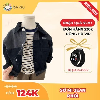 Áo khoác sơ mi jean bé trai chất bò mềm PHỐI MÀU phong cách Hàn Quốc, bền đẹp đồ cho bé từ 6-26Kg by BÉ XÍU A114