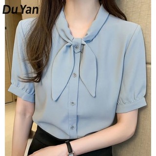 Du YAN Áo sơ mi voan ngắn tay dành cho nữ có dây buộc nơ khí chất áo sơ mi thời trang và sành điệu