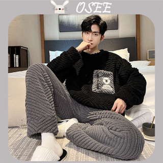 [Osee] đồ ngủ nam lông cừu san hô mùa thu và mùa đông lót lông cừu dày của nam giới mùa đông nhiệt flannel Homewear phù hợp với