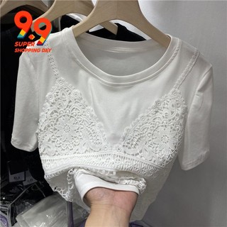 Áo Thun Cotton Tay Ngắn Phối Ren Giả Hai Lớp Thời Trang Mùa Hè Phong Cách Mới Ngọt Ngào Cho Nữ