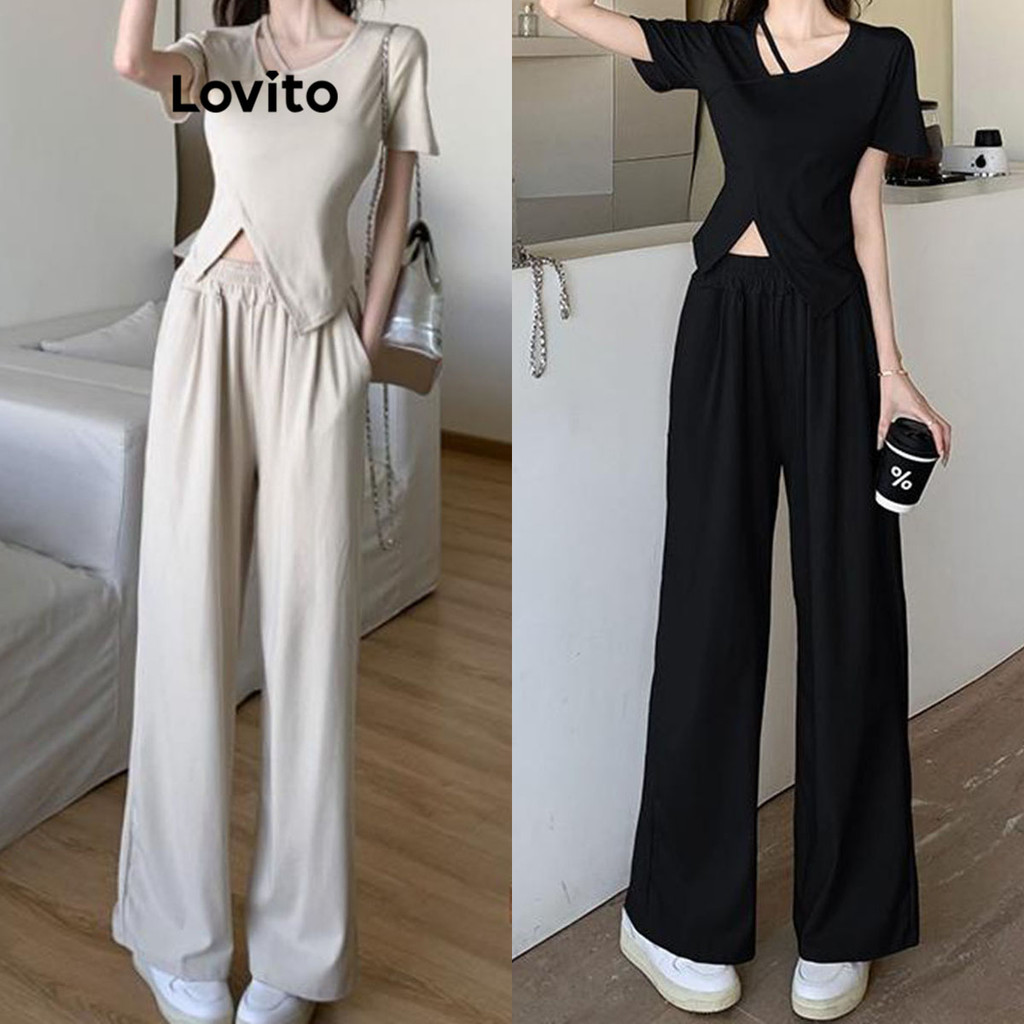 Lovito Bộ quần bất đối xứng trơn đơn giản dành cho nữ LNE74760