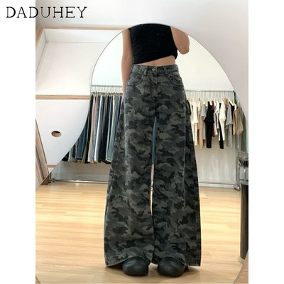 Quần jean dáng rộng, ống rộng, lưng cao. Denim ngụy trang đậm phong cách cổ điển kiểu Mỹ, cỡ lớn, thoải mái khi mặc.