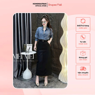  Set đồ nữ áo sơ mi kẻ xanh phối chân váy đen dáng dài có túi cực sang chảnh HONG MAI TRAN ST15419 
