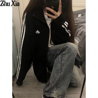 Zhu Xia  Áo nỉ nữ phong cách Mỹ màu tương phản ba sọc đứng cổ áo màu đen áo khoác oversize cặp đôi áo len cardigan thông thường