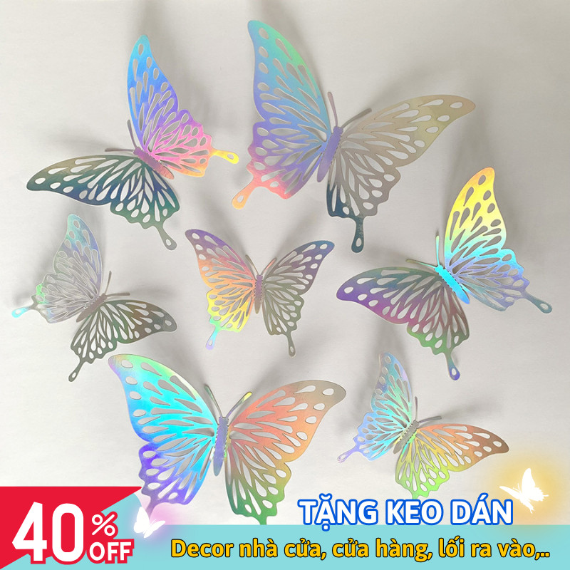 Combo 12 Bướm Dán Tường 3D Joful Home Màu Bạc Lấp Lánh Trang Trí Tiệc Kèm Keo Dán Quà Tặng Ý Nghĩa.
