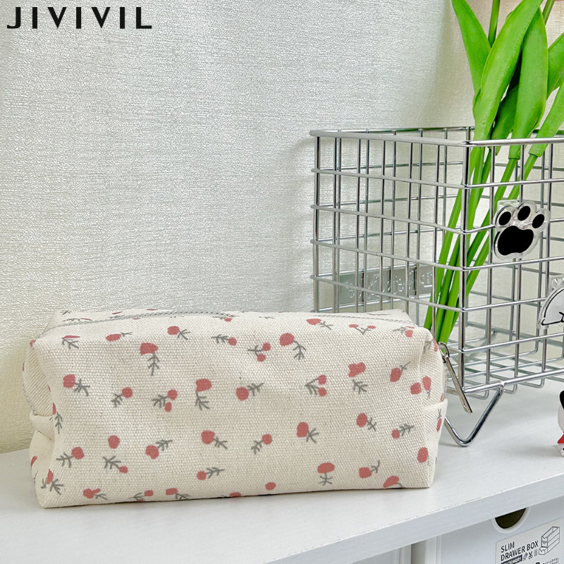 Jivil New Cream Floral Pencil Case Hộp đựng văn phòng phẩm đẹp mắt dành cho sinh viên Hộp đựng bút chì dung tích lớn Túi đựng mỹ phẩm phù hợp