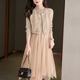  Bộ đồ Đầu thu 2024 váy liền dệt kim Váy Hai Mảnh Xuân thu mẫu mới thu đông cho nữ váy áo len cao cấp trang phục nữ 