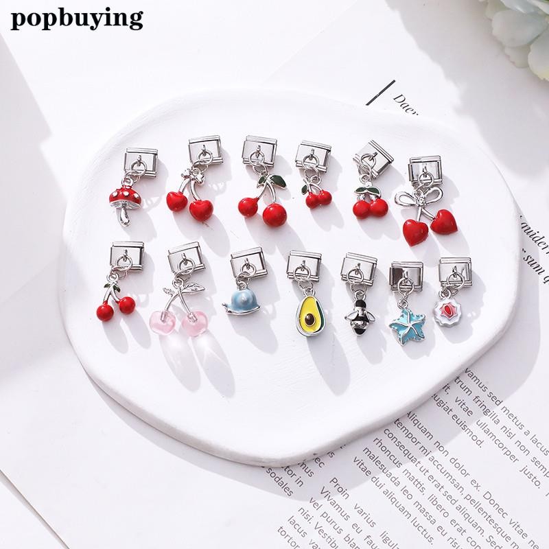 Vòng tay Charm Links Fit 9mm màu đỏ anh đào, thép không gỉ