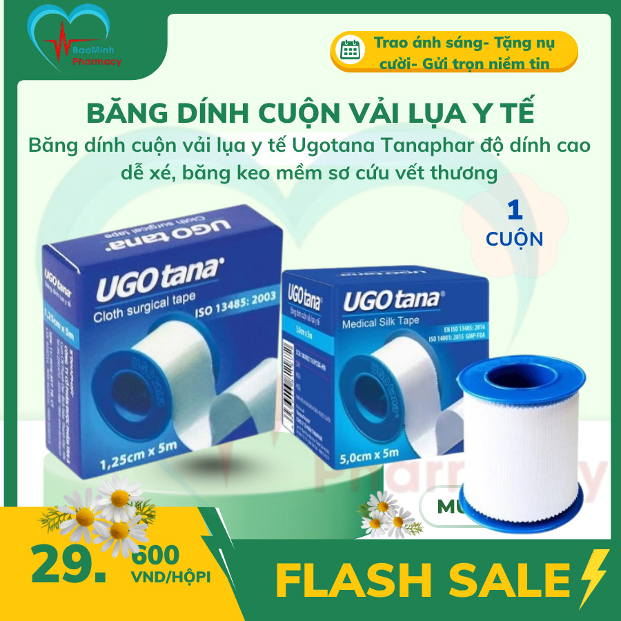 Băng dính cuộn vải lụa y tế Ugotana Tanaphar độ dính cao dễ xé, băng keo mềm sơ cứu vết thương