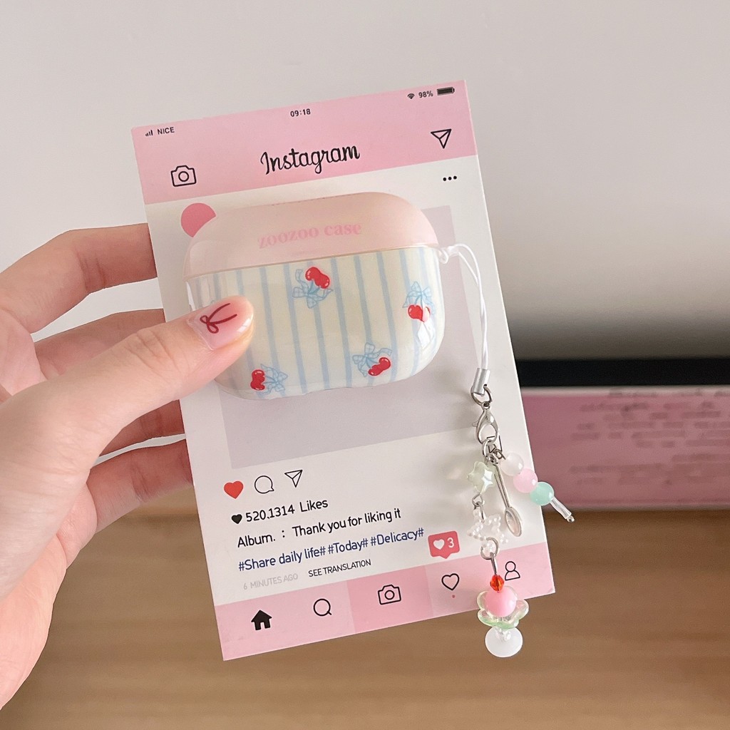 Ốp lưng anh đào sọc xanh tương thích với airpod Pro 2