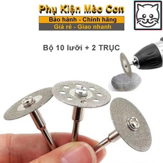  Bộ 10 lưỡi cắt mini 35-40mm phủ kim cương + 2 trục 3ly cho máy khoan mài khắc mini. 