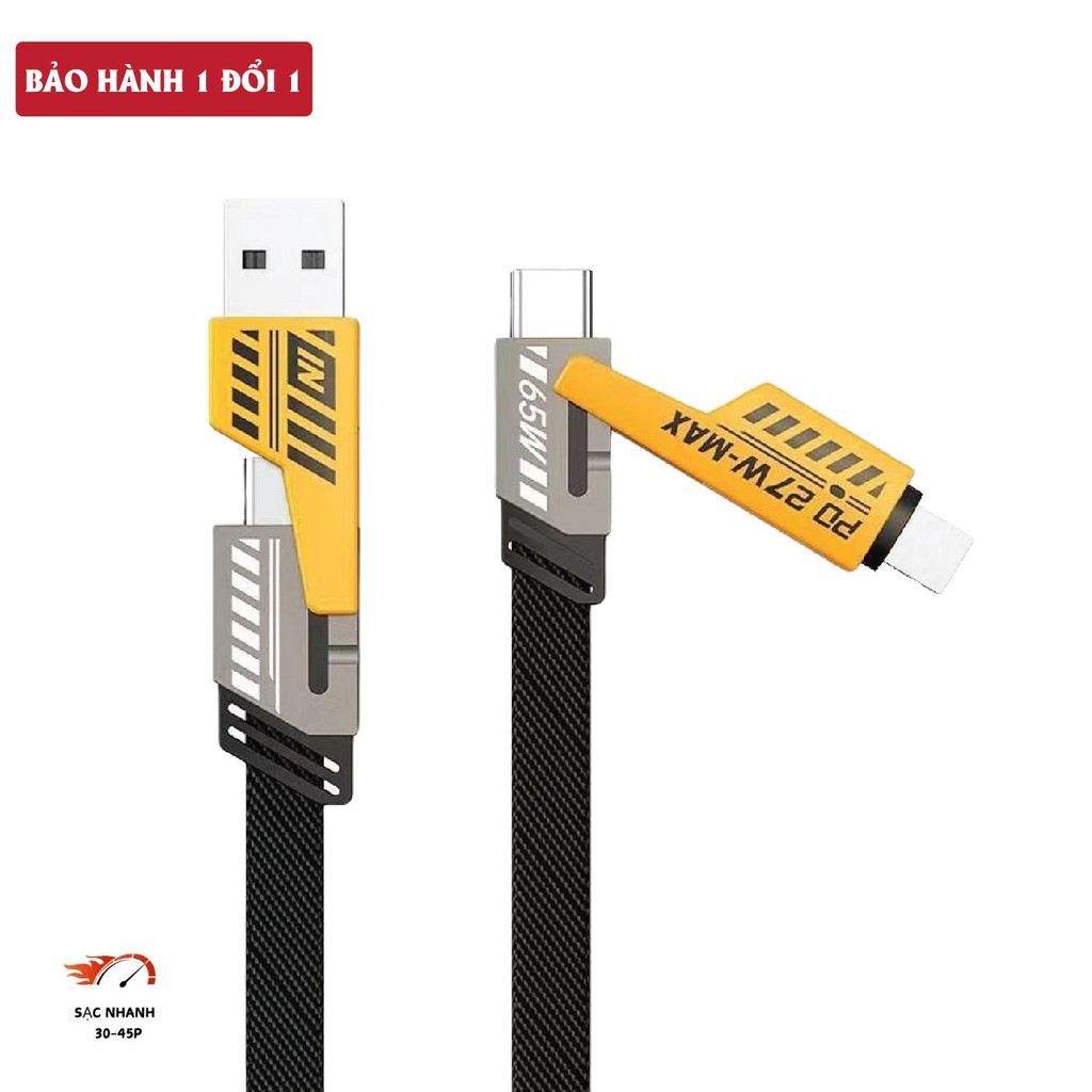 Cáp sạc 4 in 1, Dây sạc nhanh 4 đầu 65W. Dây dù, đầu cáp kim loại, chống gẫy. Dây sạc điện thoại, Dâ