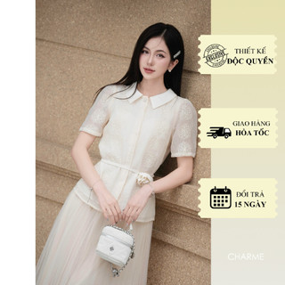 Áo peplum cộc tay cổ bẻ đai hoa Charme 406028