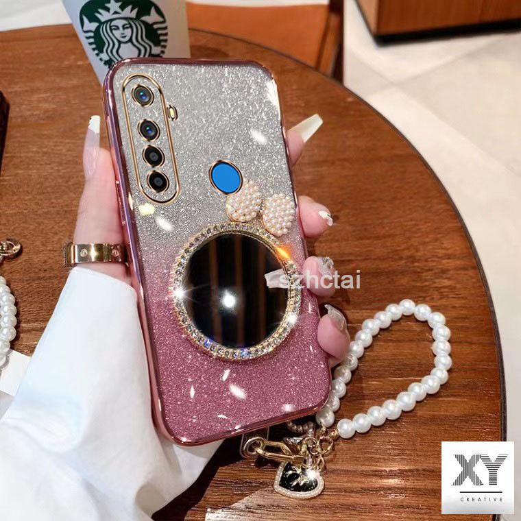 Ốp Điện Thoại realme 5 5i 5s 6i c3 5 pro Vỏ lấp lánh Ốp lưng Vỏ trong suốt Vỏ ngọc trai nơ trang điểm gương có vòng tay cho bé gái Ốp lưng realme 5 5i 5s 6i c3 5 pro
