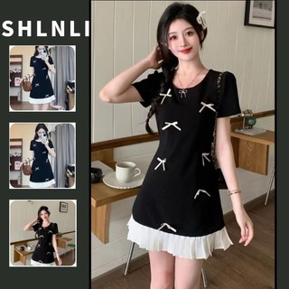 Váy chữ A màu đen thiết kế nơ phong cách Pháp mùa xuân mùa hè dành cho nữ