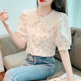 Ren Búp Bê Cổ Áo Sơ Mi Hoa Tay Ngắn Nữ Mùa Hè Phong Cách Mới 2023 Rời Ôm Hơn Nhìn Voan Cardigan Top Hợp Thời Trang