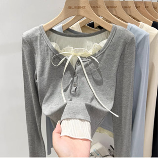 Áo thun dài tay nơ nữ thời trang BH cổ tròn ren giả hai mảnh mỏng