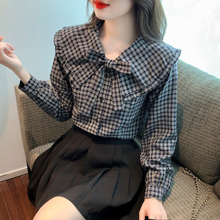 Mùa Thu Phong Cách Mới Pháp Cổ Búp Bê Kẻ Sọc Áo Sơ Mi Dài Tay Nữ Mùa Thu Niche Thiết Kế Áo Sơ Mi Nữ