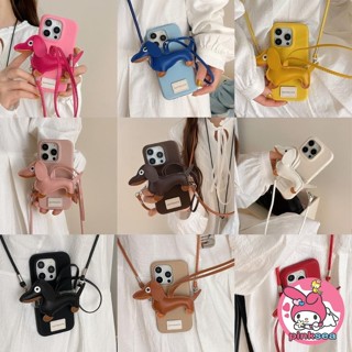 Macaron Color 3D Leather Puppy Phone Case Tương thích cho iPhone 16 15 14 13 12 11 Pro Max Plus Ốp lưng có dây chuyền dài Vỏ silicon chống sốc cao cấp có thể tháo rời sang trọng