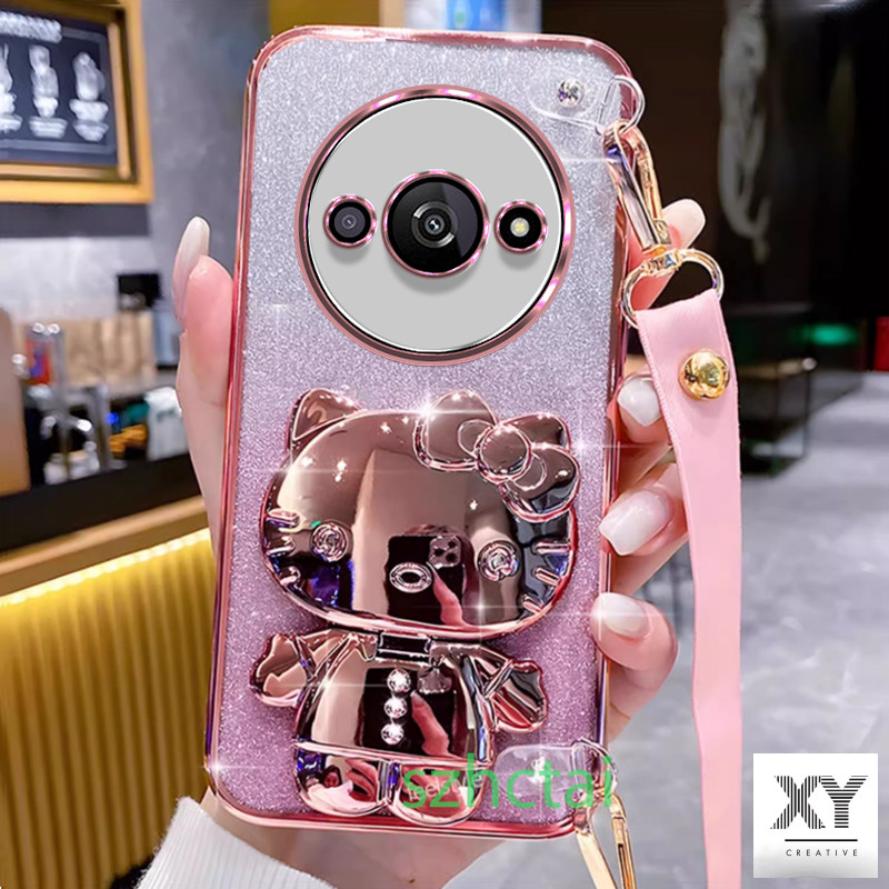 Ốp lưng lấp lánh Redmi A3 A1 A2 Plus 10C 9C 10A 12 12C Redmi 13C Dây đeo cổ tay dài Phong cách Vỏ điện thoại mềm vỏ mèo mèo giá đỡ có gương