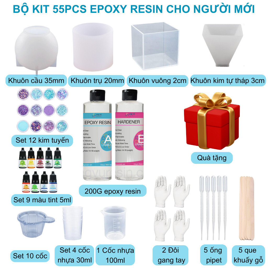 Bộ Kit 55PCS Epoxy Resin Cho Người Mới Bắt Đầu - Long Vu Resin
