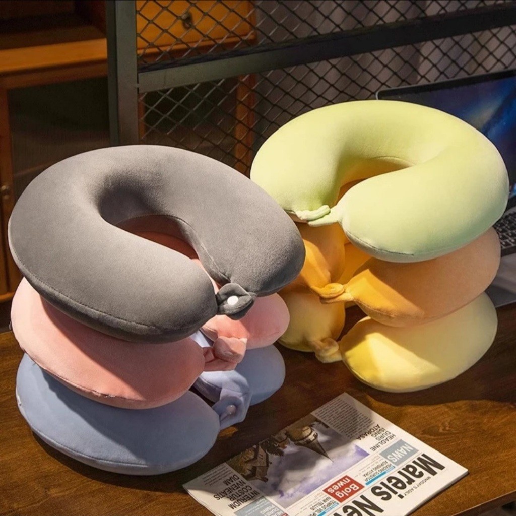 Travel 1Pc U-shaped Pillow Office Nap Car Home Pillow Solid Color Plain Neck Pillow with Lock