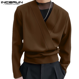  Incerun Nam Hàn Quốc Áo Sơ Mi Dài Tay Cổ Chữ V Giải Mã Màu Trơn 