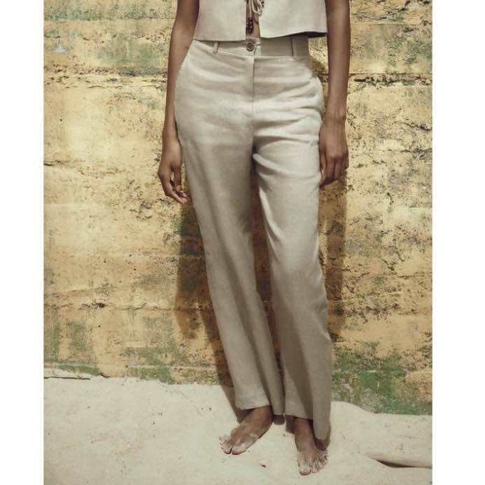 Morocco Zara made in Morocco đủ tag quần âu vải linen be nâu giản dị