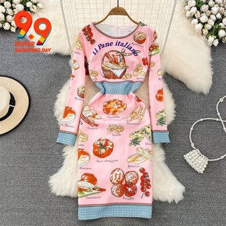 Đầm Tay Dài Cổ Tròn In Họa Tiết Retro Thời Trang Cao Cấp Cho Nữ