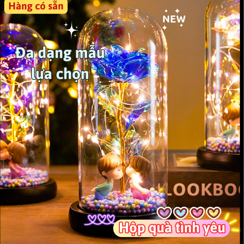 Đèn Led Hoa Hồng Trong Lồng Kính Lily's decor house Quà Tặng Đèn Led Đế Gỗ Cực Chill Lãng Mạng Dùng 