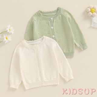 Kidsup1-girls Áo len dệt kim mùa thu dài tay màu trơn Nút áo len dệt kim Áo khoác