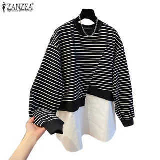 Zanzea Nữ Cổ Tròn Tay Dài Chắp Vá Sọc Áo Chui Đầu