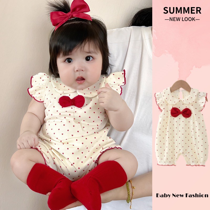 Mùa Hè Mới Cho Bé Quần Áo Bé Gái Bay Tay Mỏng Body 0-24 Tháng Tuổi Cotton Thoải Mái Nơ Đỏ Chấm Bi Áo Liền Quần Phong Cách Hàn Quốc