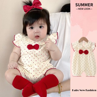 Mùa Hè Mới Cho Bé Quần Áo Bé Gái Bay Tay Mỏng Body 0-24 Tháng Tuổi Cotton Thoải Mái Nơ Đỏ Chấm Bi Áo Liền Quần Phong Cách Hàn Quốc