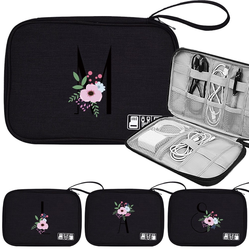 Digital bag Charger Bag Handbag Mobile Power Bag Cable Storage Box Flower Black Pattern Multifunctio