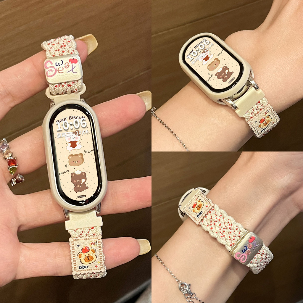  Gấu Dễ Thương Bện Nylon Dây Đeo Cho Xiaomi Smart Band 10 Band 9 Band 8 Vòng Tay Dây Đeo Tay Xiaomi Mi Band 10 Thay Thế Dây Đeo Đồng Hồ Từ Tính 