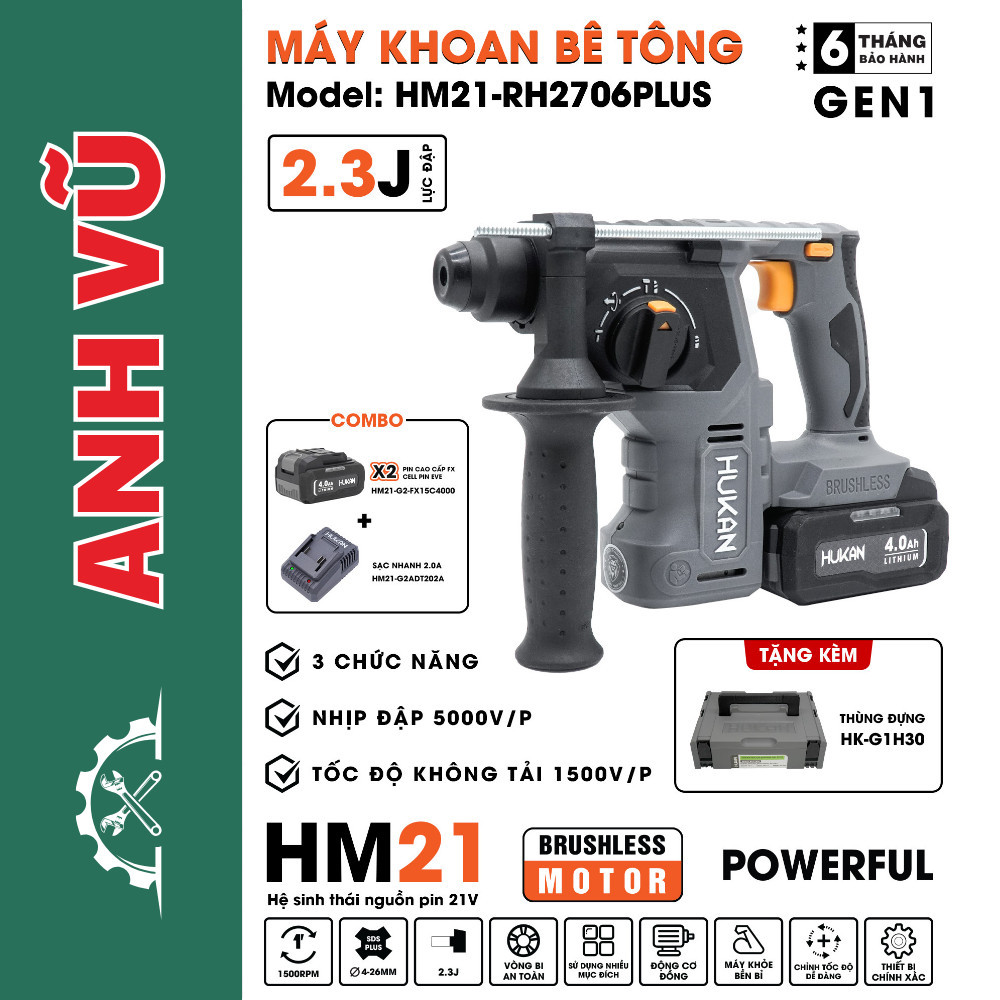 Máy Khoan Bê Tông Pin Hukan HM21-RH2706PLUS, 3 Chức Năng Chân Pin Phổ Thông - Điện Máy Anh Vũ