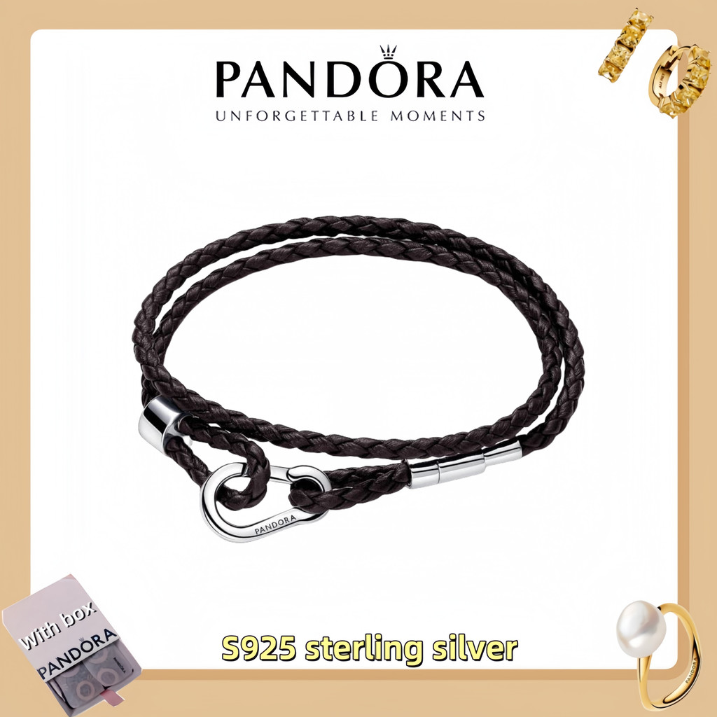 Vòng tay da đôi Pandora Moments màu nâu, bạc S925, có hộp