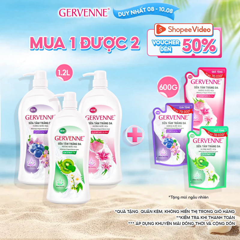 [TẶNG TÚI 600G] Sữa tắm trắng da Gervenne 1.2L + Tặng kèm Túi sữa tắm 600g (mùi ngẫu nhiên)