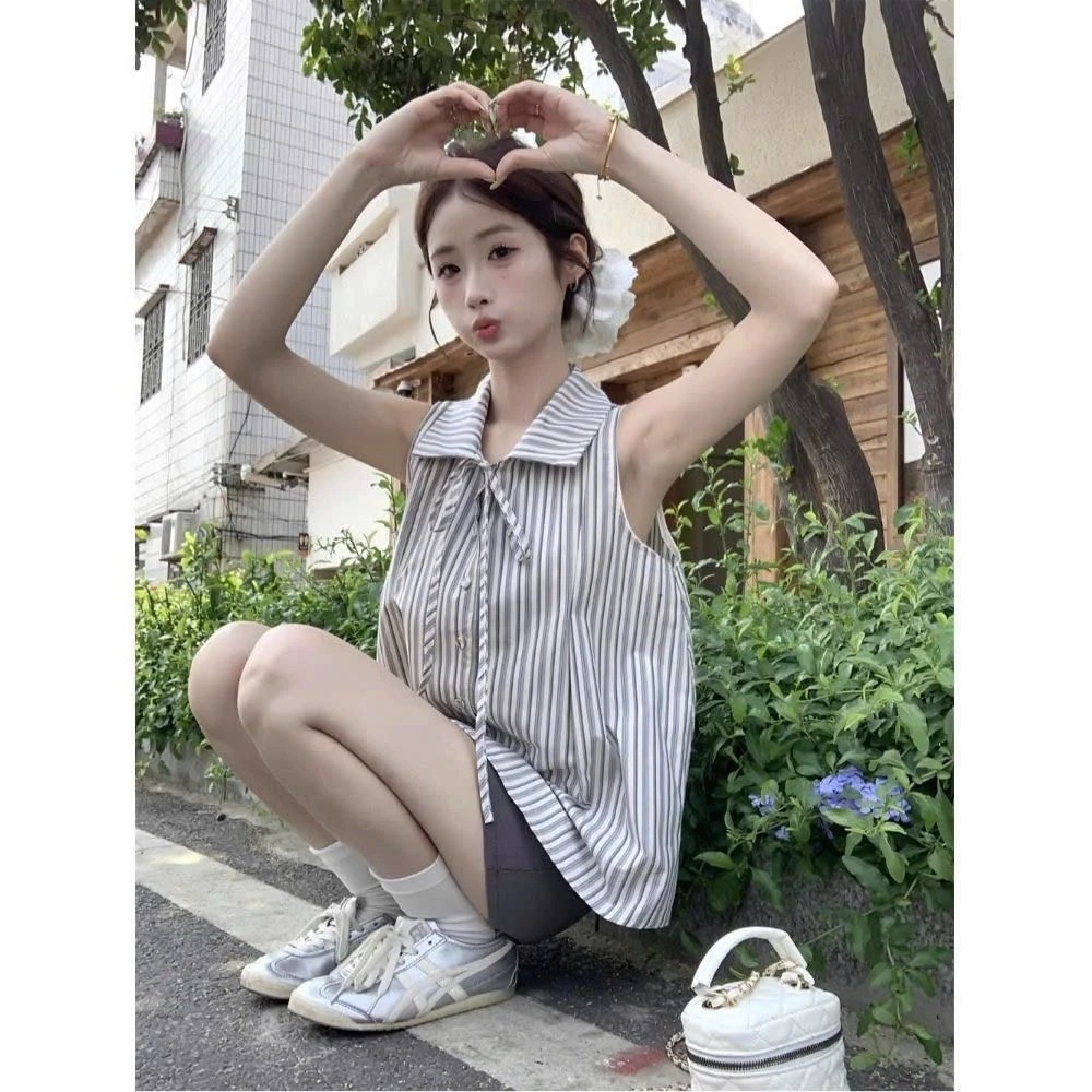 Áo sơ mi không tay kẻ sọc kiểu Pháp ngọt ngào, dáng babydoll Hàn Quốc rộng rãi cơ bản, áo nữ có nơ | BigBuy360 - bigbuy360.vn
