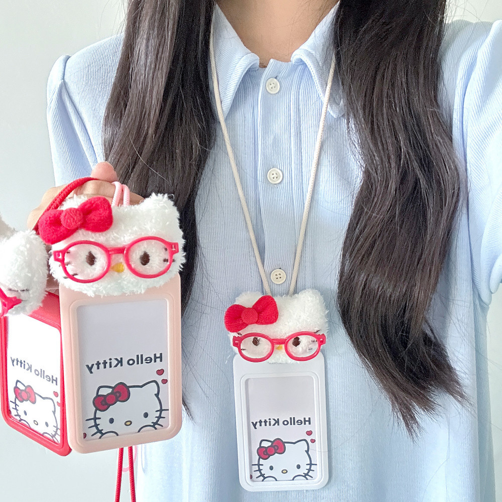 Kitty Kitty Kitty Hello Kitty Thẻ Trượt Dây Sinh Viên Treo Cổ Trường Thẻ ID Thẻ Xe Buýt Bảo Vệ Chống